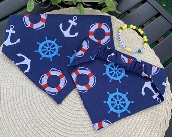 Nautic Dog Bandana, Scrunchie/Elastic Dog Bandana, Slip-on Dog Bandana, Navy dog Bandana