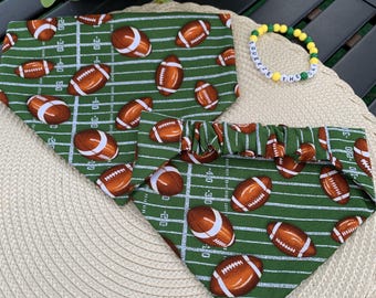 Football Dog Bandana, Scrunchie/Elastic Dog Bandana, Slip-on Dog Bandana, Green/Brown dog Bandana