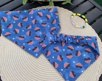 4th of July/Hearts Dog Bandana, Patriotic Dog Bandana, Scrunchie Dog Bandana, Slip-on Dog Bandana, Memorial Dog Bandana
