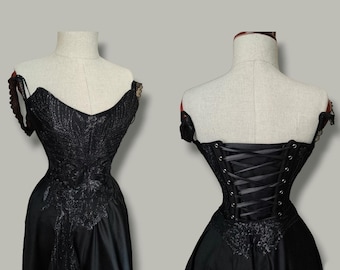 Bespoke Black Gothic Corset Dress, Vintage Style, Made to Measure