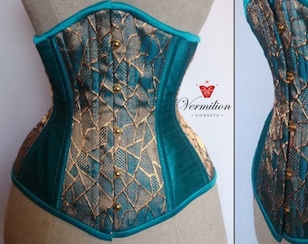 Only one piece.Underbust Teal Gold Underbust Tight Lacing Waist Training Victorian Sensual Retro LIMITED EDITION  Vermilion Couture