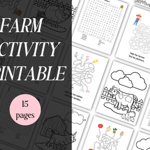 Op de afbeelding: Een set van 15 printbare activiteitenpagina's met een boerderijthema voor kinderen. De pagina's bevatten doolhoven, woordzoekers en kleurplaten met boerderijdieren zoals koeien, kippen en varkens.