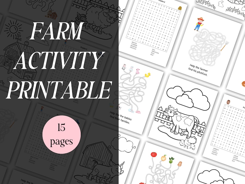Op de afbeelding: Een set van 15 printbare activiteitenpagina's met een boerderijthema voor kinderen. De pagina's bevatten doolhoven, woordzoekers en kleurplaten met boerderijdieren zoals koeien, kippen en varkens.