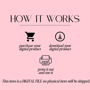Op de afbeelding: Een roze achtergrond met zwarte tekst die "HOW IT WORKS" luidt. Drie zwarte pictogrammen illustreren de stappen om een digitaal product te kopen, te downloaden en af te drukken. De tekst onderaan luidt "Dit item is een DIGITALE BESTAND, er wordt geen fysiek item verzonden."