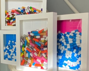 Pill art - multiple styles capsules in 3/4 full shadow box [5”x7” framed]