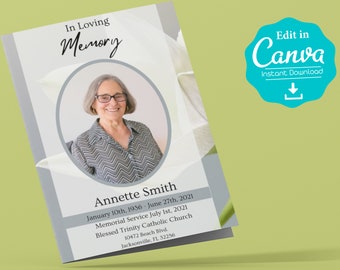 Funeral Program Template, Obituary Template, Funeral Program for a Woman , Printable Canva Template, Celebration of Life, Free Gift Included