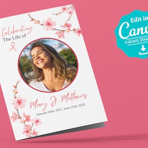 Breast Cancer Funeral Program Template | Pink| Obituary Template| Pink Funeral Template | Funeral Program for a Woman| Free Gift Included