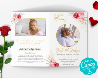 Canva Funeral Program Template, Obituary Template, Funeral Template for Women, Customizable Memorial Template, Celebration of Life Brochure