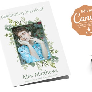 Funeral Program Template, Eucalyptus Funeral Program Template, Obituary, Celebration of Life, Canva Template, Gender Neutral Funeral Program