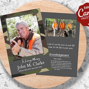 Memorial Camo Funeral Program | Hunter Funeral Template with Photo | Men Funeral | Hunting | Celebration of Life | Canva Template