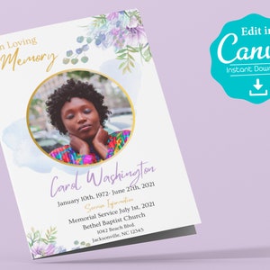 Könnte beinhalten: Eine Trauerkarte mit einem Foto von Carol Washington, umrahmt von einem goldenen Kreis. Die Karte zeigt den Text "In Loving Memory" in Gold, mit floralen Akzenten und dem Canva-Logo. Zusätzlicher Text enthält Daten, Serviceinformationen und die Kirchenadresse.