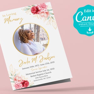 Funeral Program Template, Obituary Template, Funeral Program for a Woman, Printable Canva Template, Celebration of Life, Free Gift Included