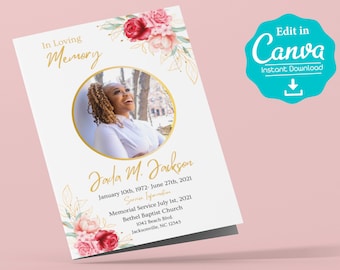 Funeral Program Template, Obituary Template, Funeral Program for a Woman, Printable Canva Template, Celebration of Life, Free Gift Included