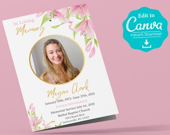 Funeral Program Template, Obituary Template, Funeral Program for a Woman , Printable Canva Template, Celebration of Life, Free Gift Included