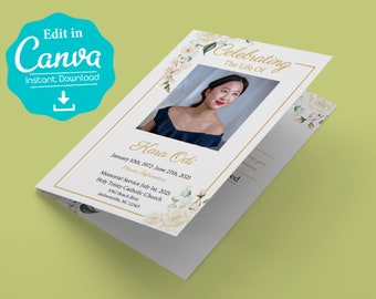 Funeral Program Template, Obituary Template, Funeral Program for a Woman, Printable Canva Template, Celebration of Life, Free Gift Included