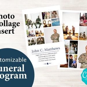 May include: A customizable funeral program template with a photo collage insert. The collage features a man in military uniform and other photos of family and friends. The text reads "John C. Matthews" and a quote about being close to loved ones even in death. The template is editable in Canva and can be instantly downloaded.