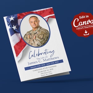 Military Funeral Program | Veteran Funeral Program American Flag | Celebration of Life | American Memorial Service Program |Free Gift Inside
