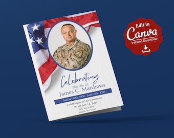 Puede incluir: Una tarjeta blanca con una foto de un hombre con uniforme militar. La tarjeta tiene el texto "Celebrating The Life Of James C. Matthews January 10th, 1936 - June 27th, 2021 Celebration of Life Ceremony 11 am July 1st, 2021 1042 Beach Blvd. Seattle, WA 12345" y una bandera americana roja, blanca y azul en el fondo.