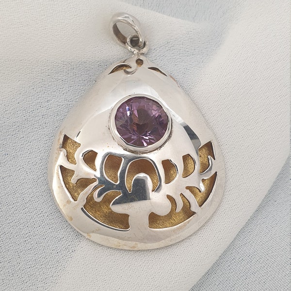 Faceted Amethyst Hand Cut Silver Unique Pendant, Saw Pierced Silver Amethyst Pendant