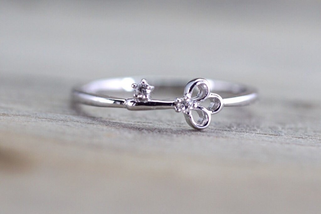 14k White Gold Diamond Key Ring Band Stackable Dainty Thin Etsy