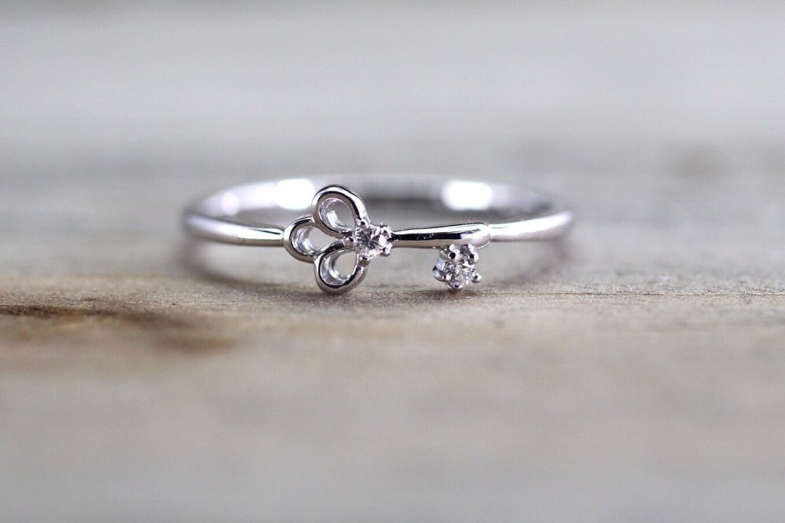 14k White Gold Diamond Key Ring Band Stackable Dainty Thin Etsy