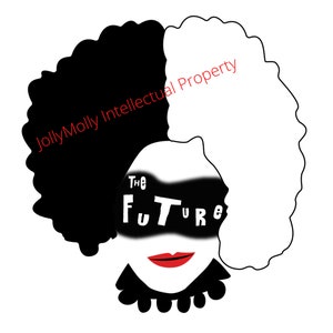 May include: Black and white illustration of a person with an afro hairstyle. The person is wearing a black mask with the text "The Future" in white letters. The person has red lips and a black choker.