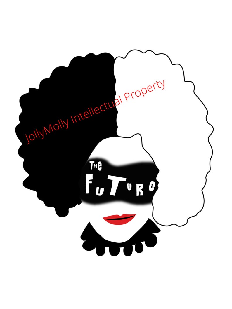 May include: Black and white illustration of a person with an afro hairstyle. The person is wearing a black mask with the text "The Future" in white letters. The person has red lips and a black choker.