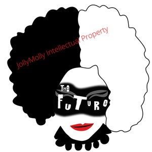 May include: Black and white illustration of a person with a large afro hairstyle. The person is wearing a black mask with the words "The Future" written on it. The text "JollyMolly Intellectual Property" is written in red at the top of the image.