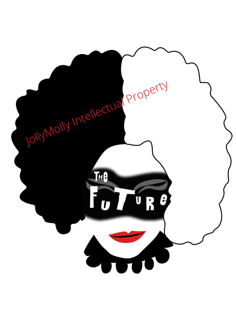 May include: Black and white illustration of a person with a large afro hairstyle. The person is wearing a black mask with the words "The Future" written on it. The text "JollyMolly Intellectual Property" is written in red at the top of the image.
