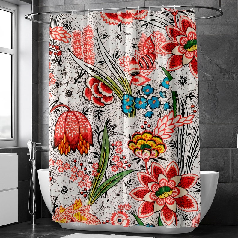 Vintage Botanical Flowers Shower Curtain, Waterproof Floral Bath Curtain, Spa Bathroom Shower Bathtub Decor Curtain, Classic Bath Curtain 