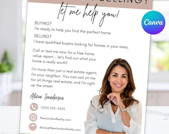 May include: A real estate marketing flyer featuring the text BUYING OR SELLING? Let me help you! It includes contact details for Alicia Sanderson, a phone number, website, and email address, alongside a photograph of a smiling real estate agent.