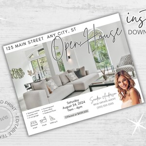 May include: A white and gray open house postcard with a photo of a living room with a couch, coffee table, and large windows. The text on the postcard reads "123 Main Street Any City, ST Open House Saturday August 24, 2024 11am - 4pm Offered at $439,000 Sandra Anderson Real Estate Agent (555) 555-5555".