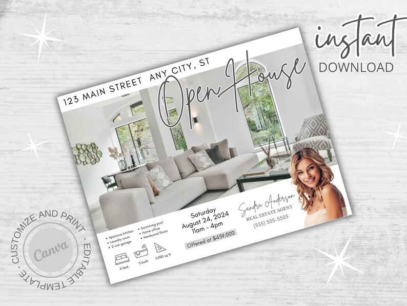 May include: A white and gray open house postcard with a photo of a living room with a couch, coffee table, and large windows. The text on the postcard reads "123 Main Street Any City, ST Open House Saturday August 24, 2024 11am - 4pm Offered at $439,000 Sandra Anderson Real Estate Agent (555) 555-5555".