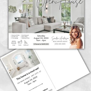 May include: A white and gray real estate postcard with a photo of a modern home interior. The text on the postcard reads "Open House" and includes the address, date, time, and price of the home. The postcard also includes the name and contact information of the real estate agent.