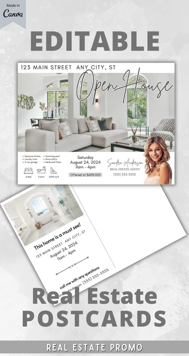 May include: A white and gray real estate postcard with a photo of a modern home interior. The text on the postcard reads "Open House" and includes the address, date, time, and price of the home. The postcard also includes the name and contact information of the real estate agent.