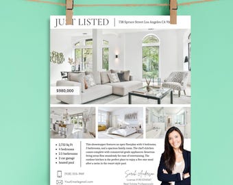 Pode incluir: Um folheto imobiliário intitulado JUST LISTED para 738 Spruce Street Los Angeles CA 91604. Apresenta uma grande foto de uma sala de estar, fotos menores de uma cozinha, quarto e banheiro, um retrato de Sarah Anderson e detalhes da propriedade.
