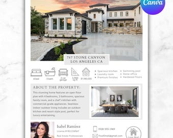 Pode incluir: Um folheto imobiliário para 787 Stone Canyon em Los Angeles, CA, com uma foto de uma casa de pedra e branca, detalhes da propriedade incluindo 4 quartos, 3 banheiros, 3.900 pés quadrados, uma foto de sala de jantar e contatos de Isabel Ramirez.