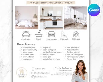 Pode incluir: Uma folha de características imobiliárias para 468 Cedar Street, New London CT 06320. Exibe três fotos de interiores, ícones para 4 quartos, 3 banheiros, garagem para 2 carros, 2500 pés quadrados, preço de $870.000, lista de recursos e contatos.