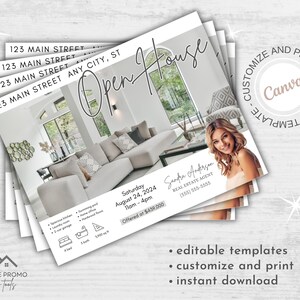 May include: A white and gray open house postcard with a photo of a living room. The text on the postcard reads "Open House", "Saturday August 24, 2024 11am-4pm", "Offered at $439,000", and "Sandra Anderson Real Estate Agent (555) 555-5555".