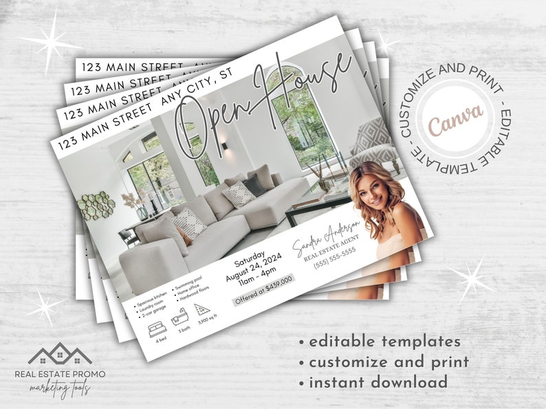 May include: A white and gray open house postcard with a photo of a living room. The text on the postcard reads "Open House", "Saturday August 24, 2024 11am-4pm", "Offered at $439,000", and "Sandra Anderson Real Estate Agent (555) 555-5555".