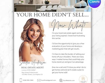 Pode incluir: Um folheto de marketing imobiliário com o retrato de uma agente sorridente chamada Sandra Anderson. O texto diz: YOUR HOME DIDN'T SELL... Now What? Inclui campos de contacto para telefone, e-mail, site e um número de licença profissional.