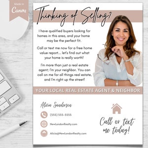 Folleto de bienes raíces Pensando en vender Plantilla de Canva para agentes inmobiliarios Marketing de bienes raíces Folleto editable de Hola vecino sobre agricultura