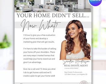 Pode incluir: Um folheto de marketing imobiliário com uma foto de uma sala de estar moderna e um retrato de Sandra Anderson. O texto diz: YOUR HOME DIDN'T SELL... Now What? I'd love to give you a free evaluation of your home and develop a marketing plan.