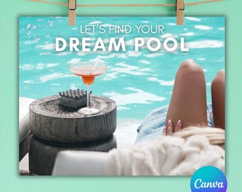Pode incluir: Imagem promocional com o texto "LET'S FIND YOUR DREAM POOL". A imagem mostra um cocktail numa mesa de madeira junto a uma piscina. A imagem é de uma pessoa a relaxar junto à piscina.