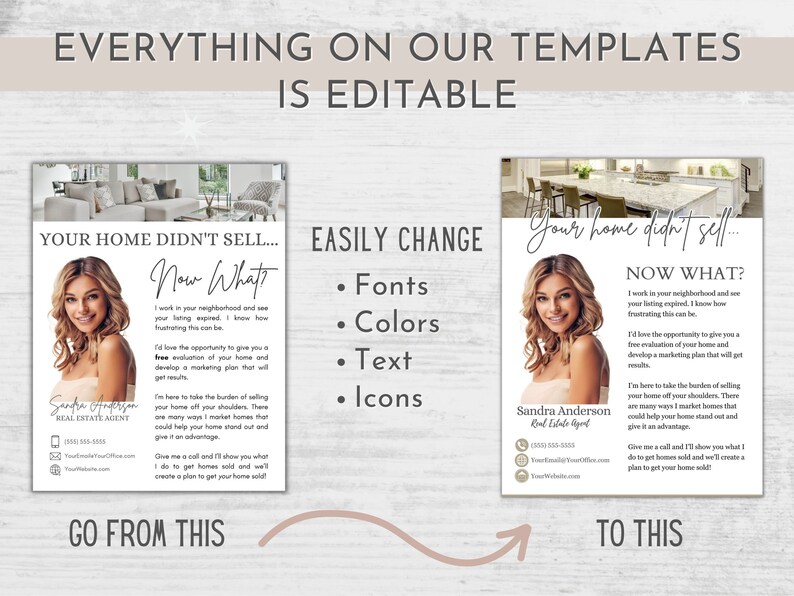 May include: A before and after image showing how to easily customize a real estate agent's marketing flyer. The original flyer has a photo of a woman and the text "Your home didn't sell... Now What?" The customized flyer has a different photo of the woman and the text "Your home didn't sell... Now What?" The text "Easily Change" is listed with bullet points for "Fonts", "Colors", "Text", and "Icons".