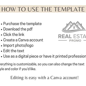 May include: A how-to guide for using a real estate promo template. The guide includes instructions on purchasing, downloading, editing, and using the template. The template features a logo with a stylized image of houses and the text "REAL ESTATE PROMO".