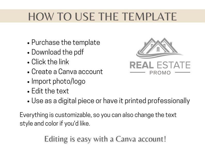 May include: A how-to guide for using a real estate promo template. The guide includes instructions on purchasing, downloading, editing, and using the template. The template features a logo with a stylized image of houses and the text "REAL ESTATE PROMO".