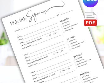 Pode incluir: Uma folha de inscrição branca com as palavras "PLEASE Sign in" em escrita cursiva. O formulário inclui campos para nome, telefone, e-mail e informações do agente, com caixas de seleção para "MY NEEDS", como procurar, comprar ou vender.