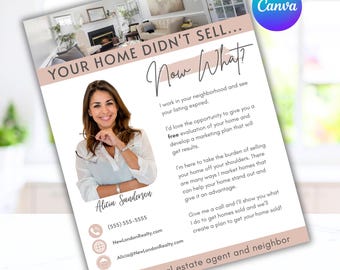 Pode incluir: Um folheto rosa e branco com o texto "YOUR HOME DIDN'T SELL... Now What?" apresenta uma foto de uma mulher e informações de contato. O logotipo Canva está no canto superior direito. É para um agente imobiliário local.