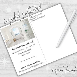 May include: A white and gray bathroom with a large arched window. The text "This home is a must see!" is printed on the postcard. The text "123 MAIN STREET ANY CITY, ST" is printed on the postcard. The text "August 24, 2024" is printed on the postcard. The text "11am - 4pm" is printed on the postcard. The text "call me with any questions" is printed on the postcard. The text "Sandra Anderson (555) 555-5555" is printed on the postcard.